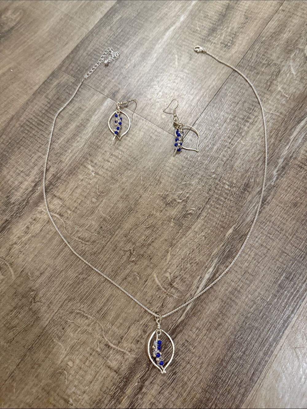 Silver Leaf Pendant Necklace and Earring Set with Blue Stones - Women Jewelry